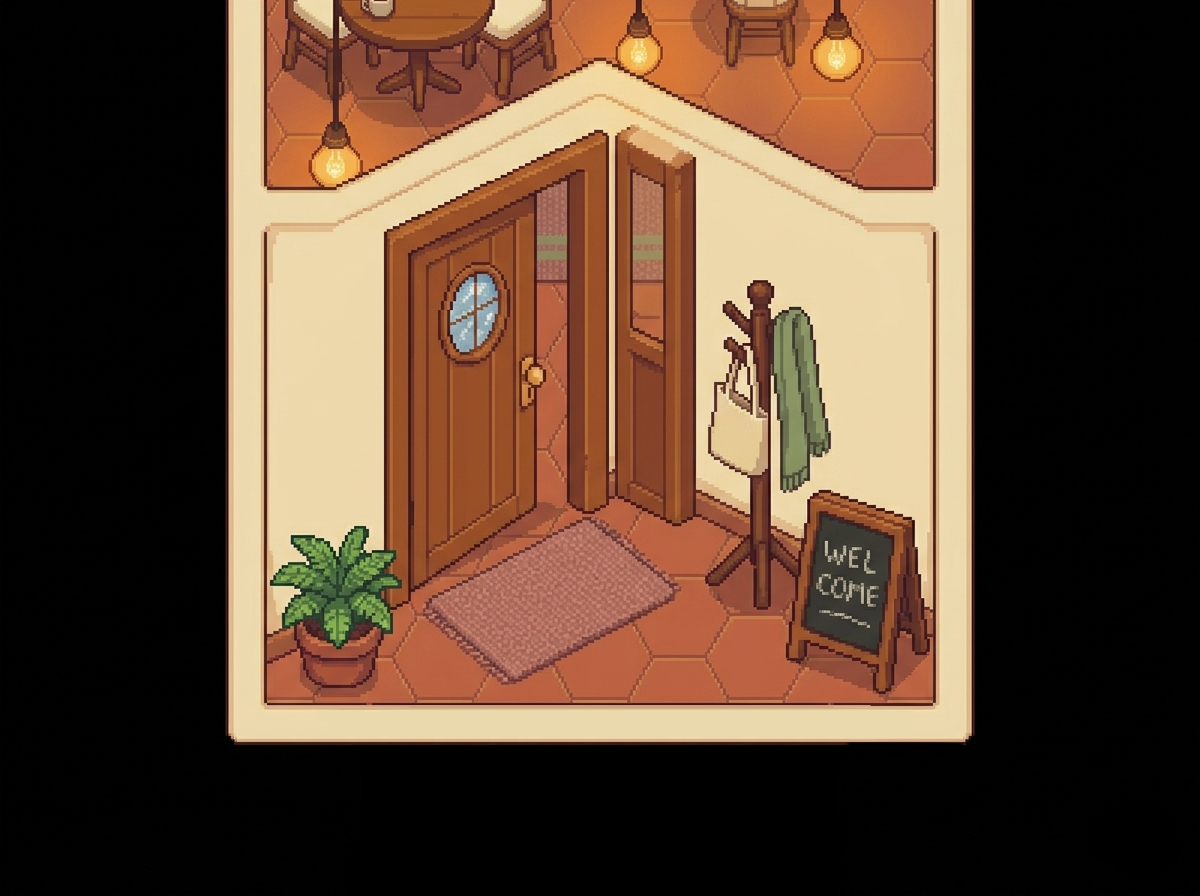 Pixel art chalkboard menu and vintage coffee poster on a café wall
