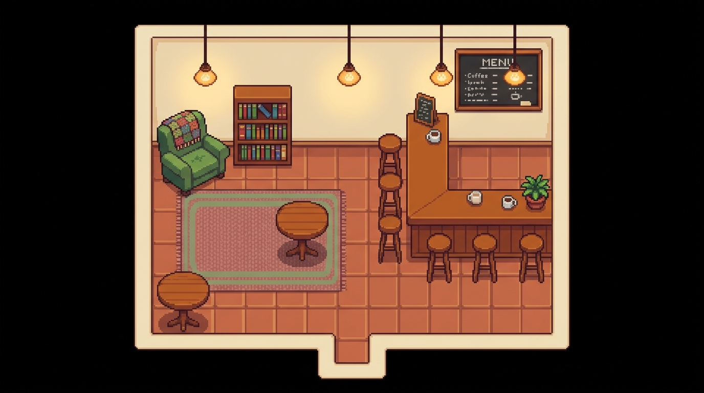 Top-down pixel art of a cozy indie café interior with a bar counter, reading nook, tables, and warm amber lighting